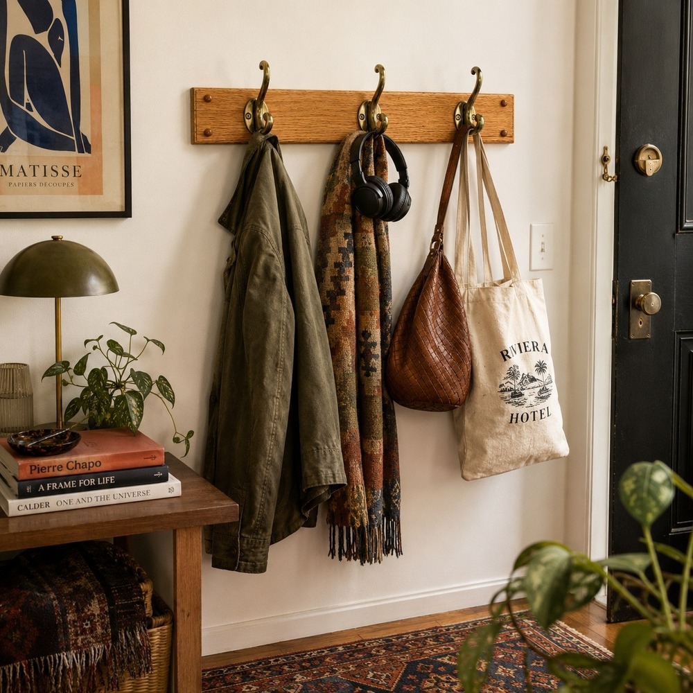 Vintage Oak Wood Wall Mounted Coat Rack 3 Brass Hooks Entryway Mudroom 80s